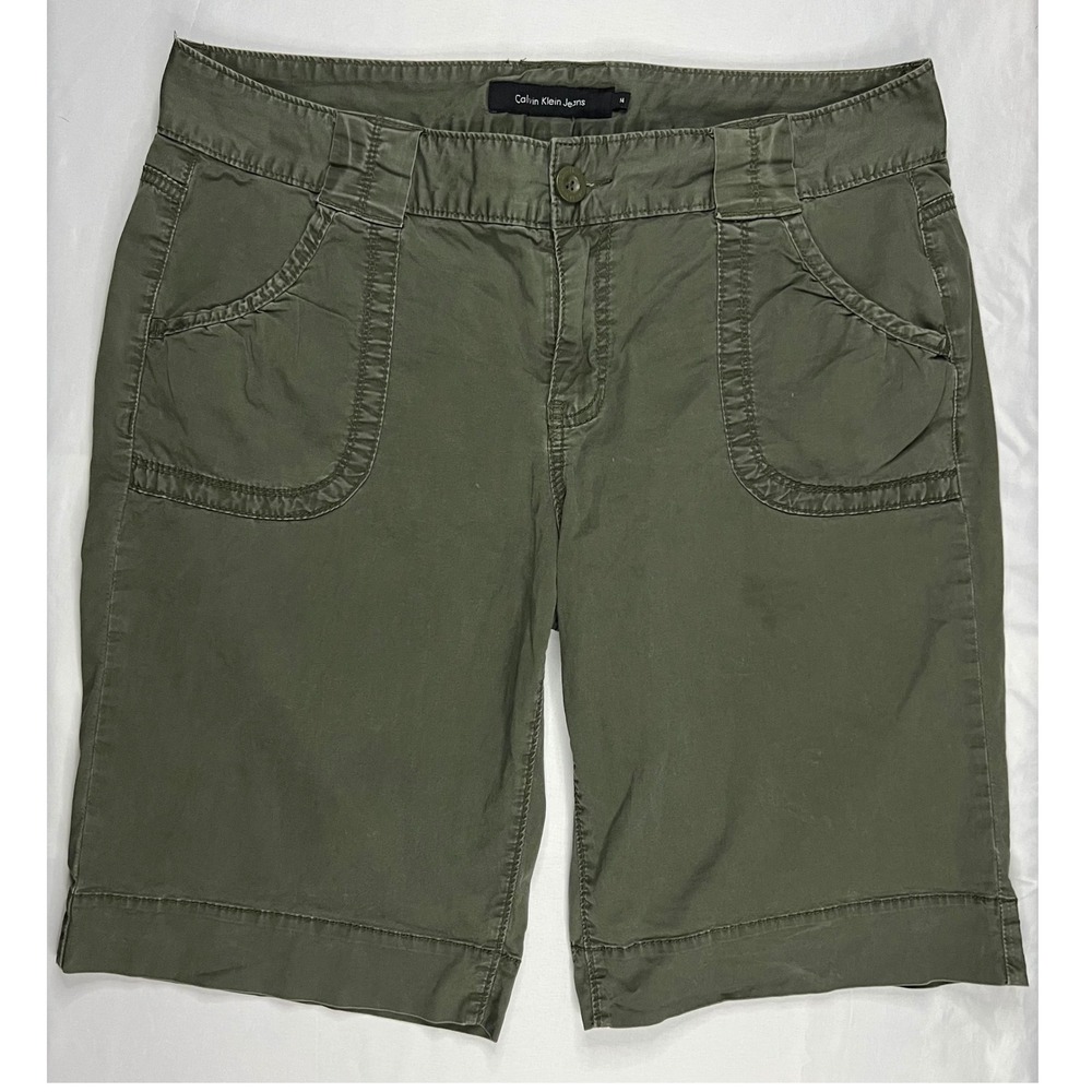 Calvin Klein Jeans Womens Size 14 Olive Green Bermuda Utility Shorts Stretch Mid